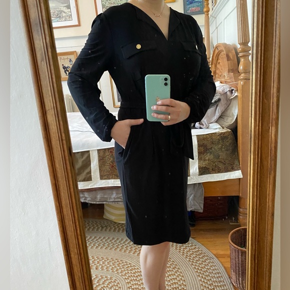 Jones New York stretchy jersey tie belt balloon sleeve black dress. - Picture 2 of 12